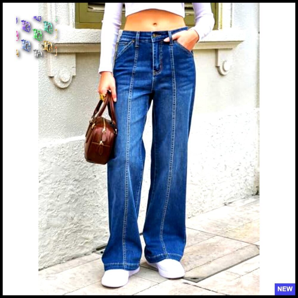 High Waisted Wide Leg Jeans Stretchy Front Seam Denim Pants Y2K Chic - Picture 2 of 7